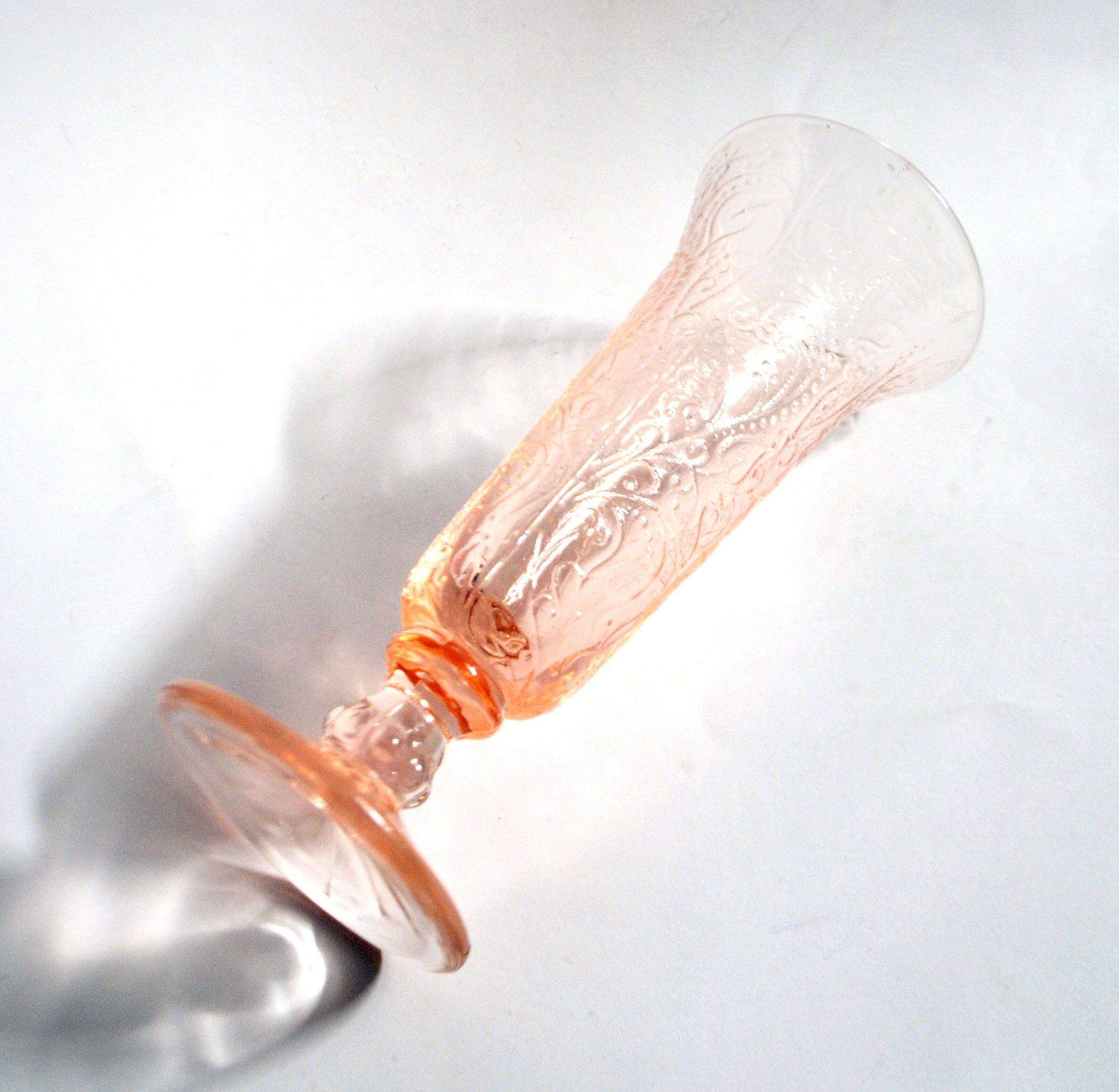Vintage pink moulded glass cornucopia vase – bead and heart decoration