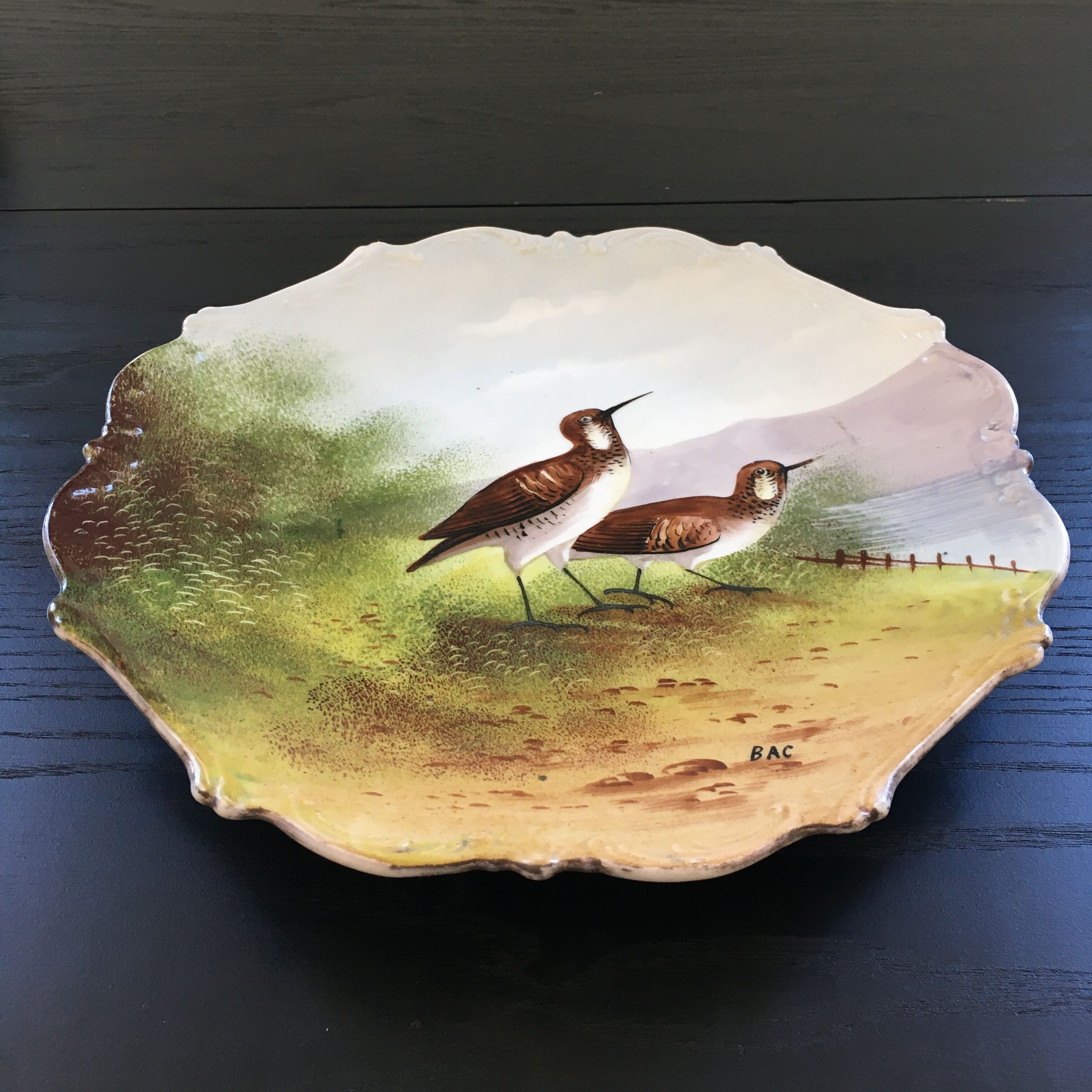 Dish painted woodcocks decoration
