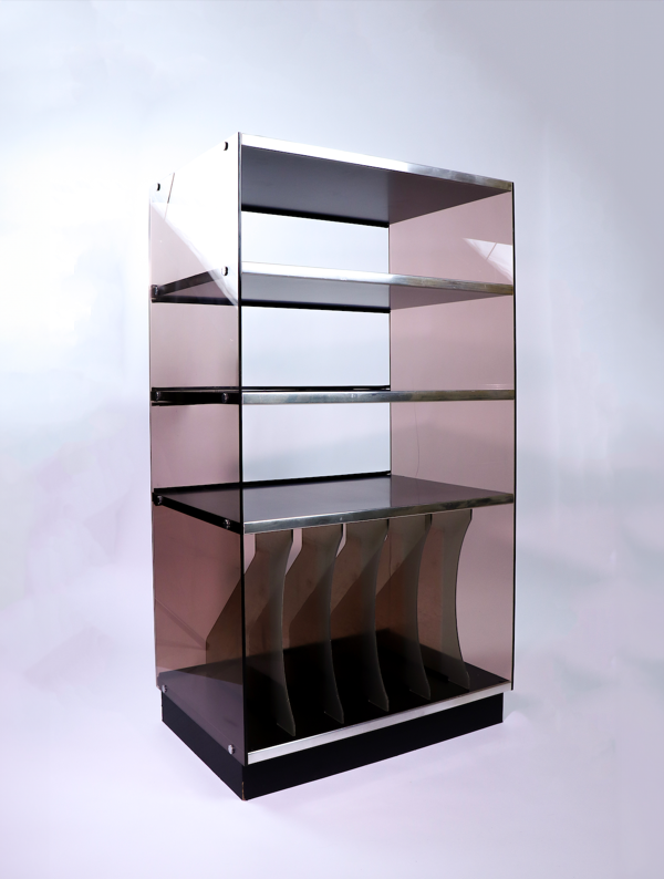 Meuble Hifi, range vinyles en plexiglas fumé par Eric Maville, années 70