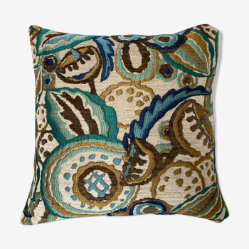Coussin bi face motif floral vert tissé