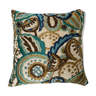 Coussin bi face motif floral vert tissé