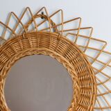 Large vintage mirror, round with wicker frame