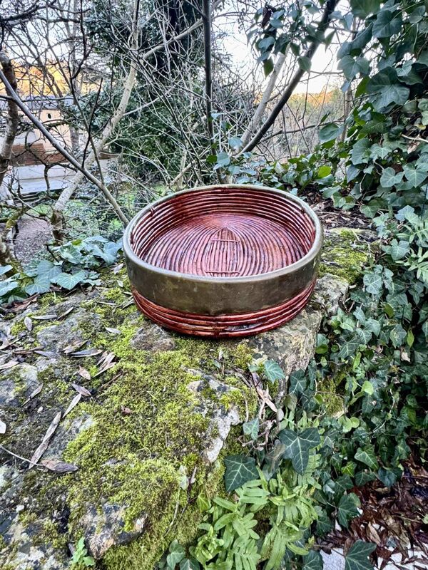 Grand plateau en rotin et laiton Gabriella Crespi Italie années 60