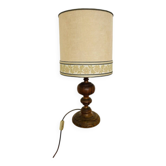 Large vintage lamp with turned wooden base, beige flowery shade