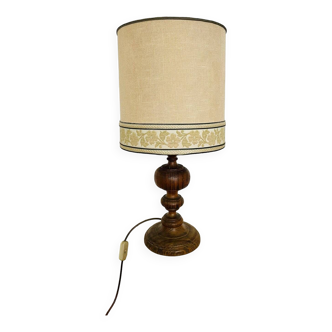 Large vintage lamp with turned wooden base, beige flowered shade