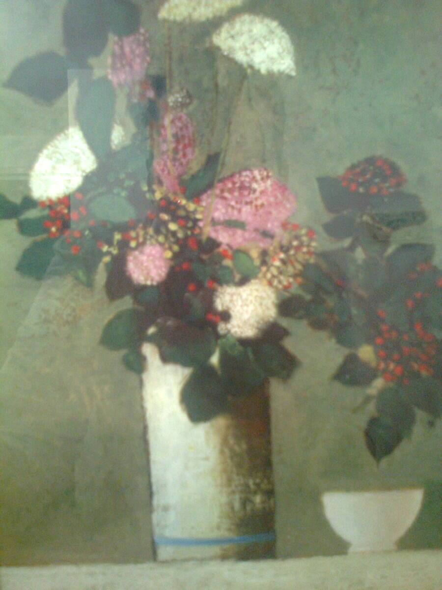 Rectangular frame two-tone wood brown/green, image: painting bowl+vase of flowers