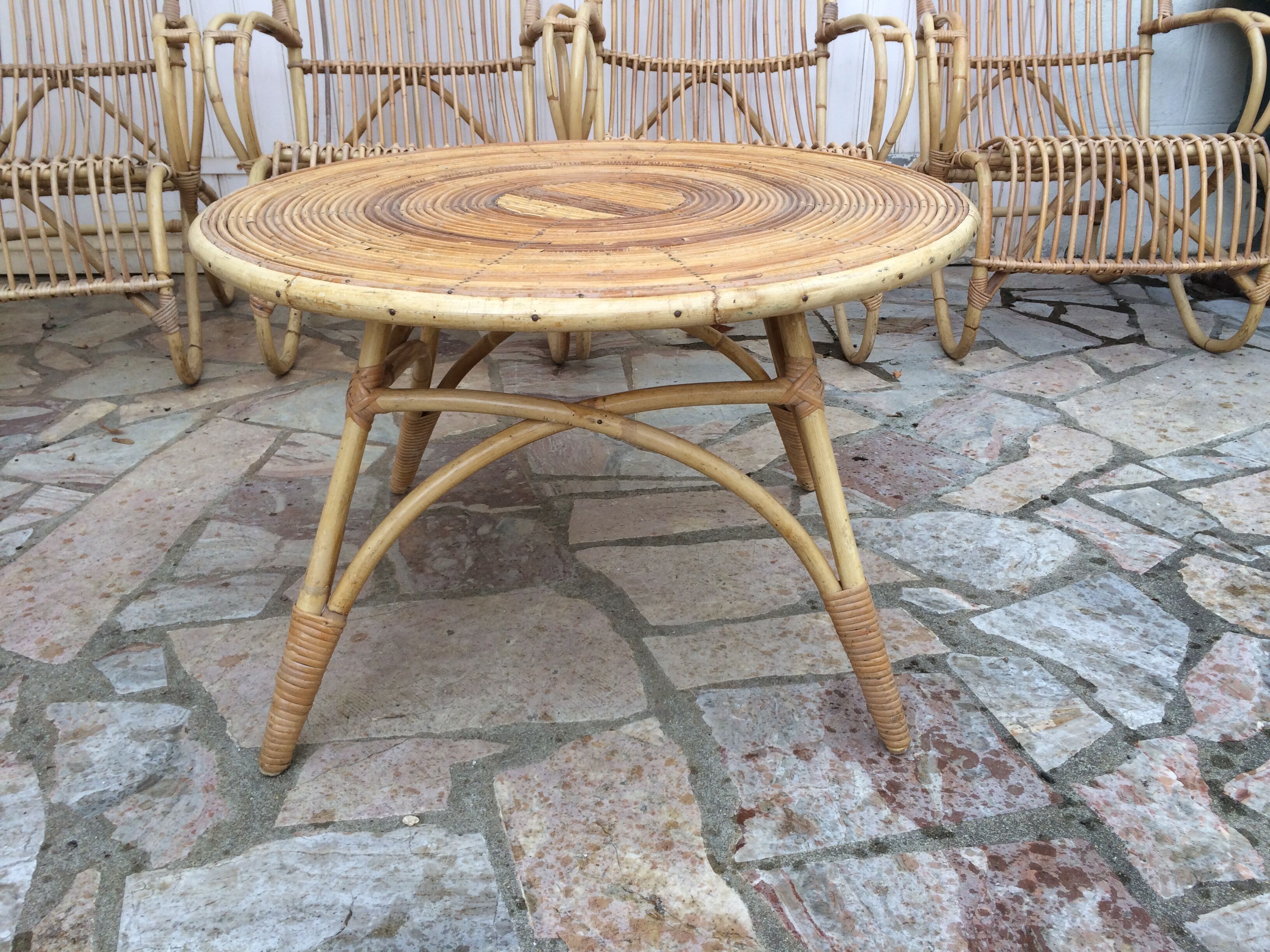 Lounge or garden table and 4 vintage wicker and rattan chairs 60s