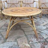 Lounge or garden table and 4 vintage wicker and rattan chairs 60s