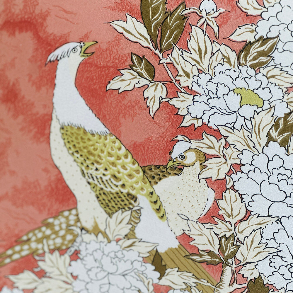 Exquisite pair of upholstered slipper lounge chairs depicting pheasants and peonies