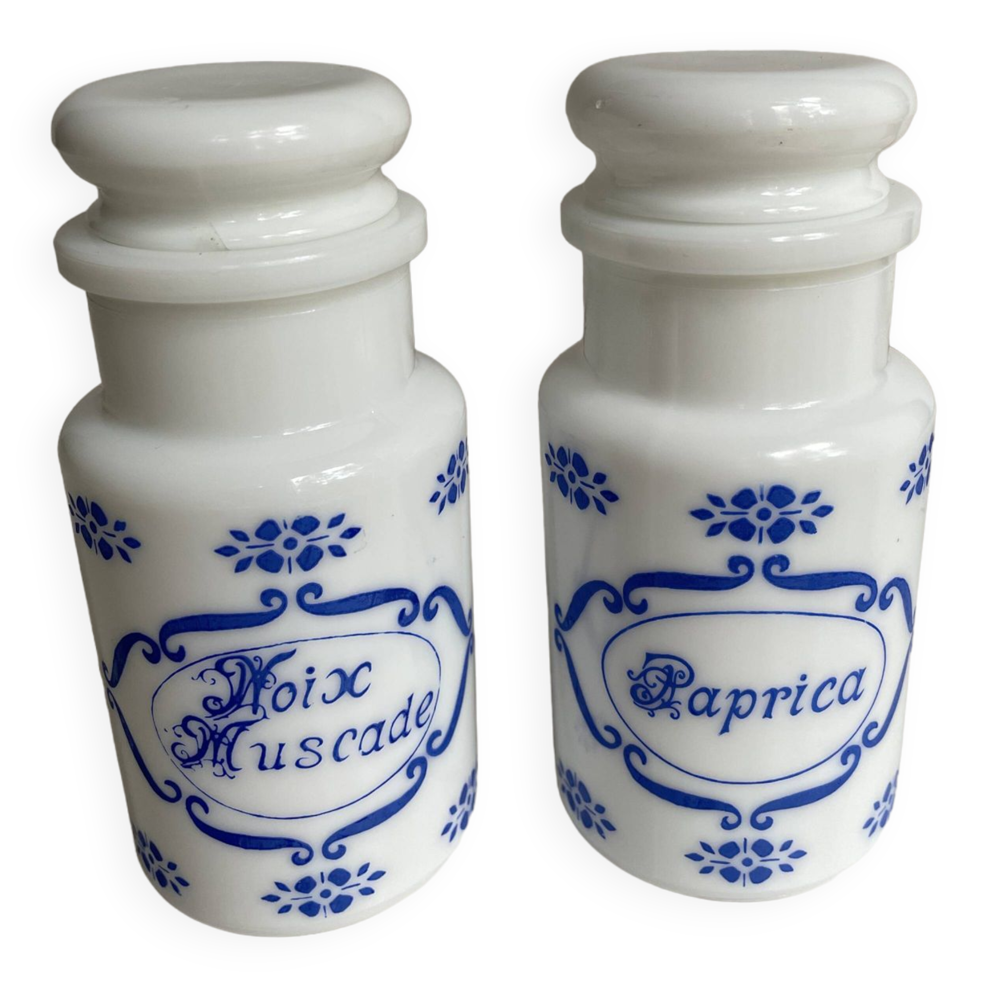 Ensemble de 2 pots à épices en opaline vintage en français et italien