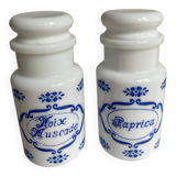 Ensemble de 2 pots à épices en opaline vintage en français et italien