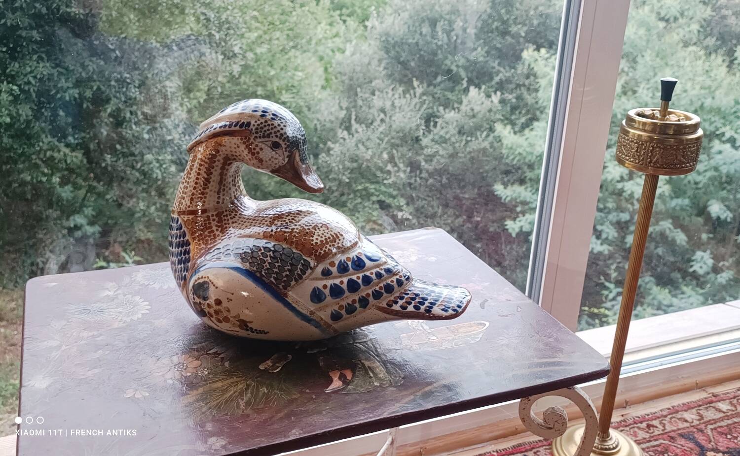 Ceramic signed duck in glazed stoneware, vintage 1960.