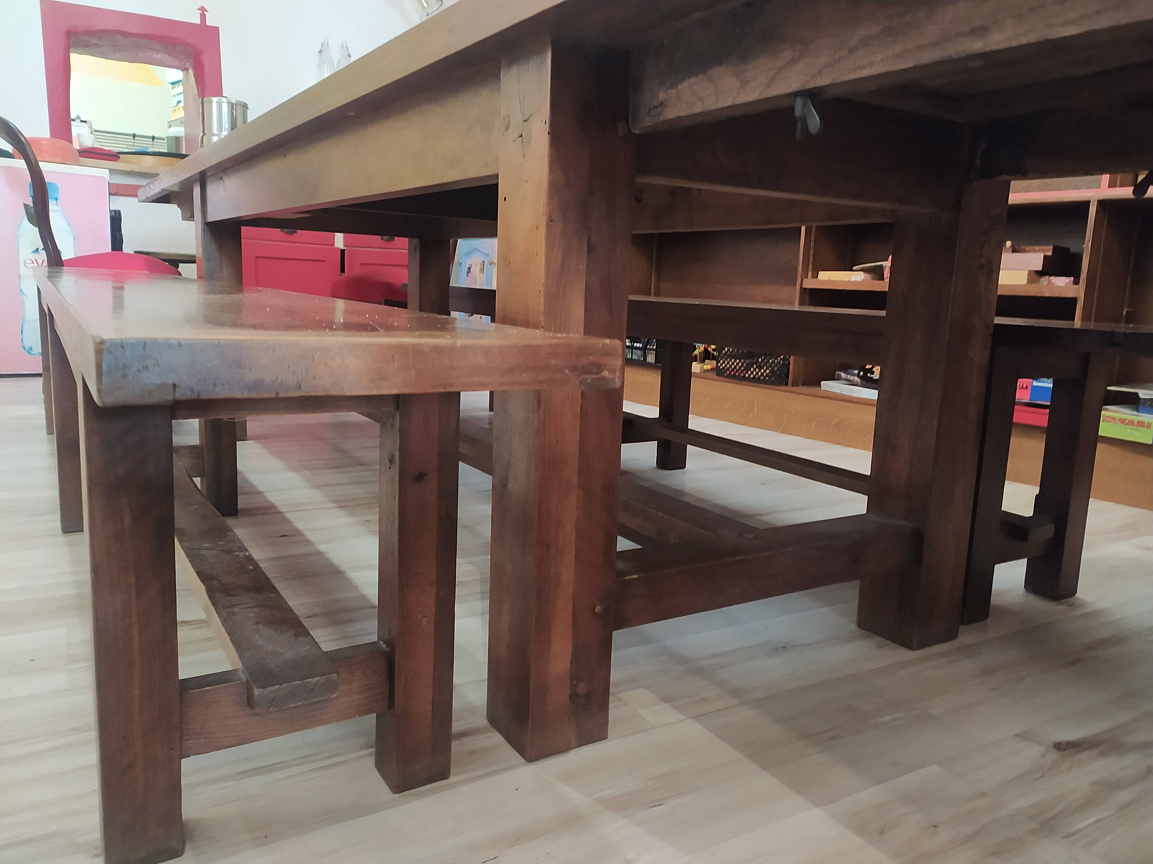 19th-century solid walnut farmhouse table, benches, extensions, Ardèche.