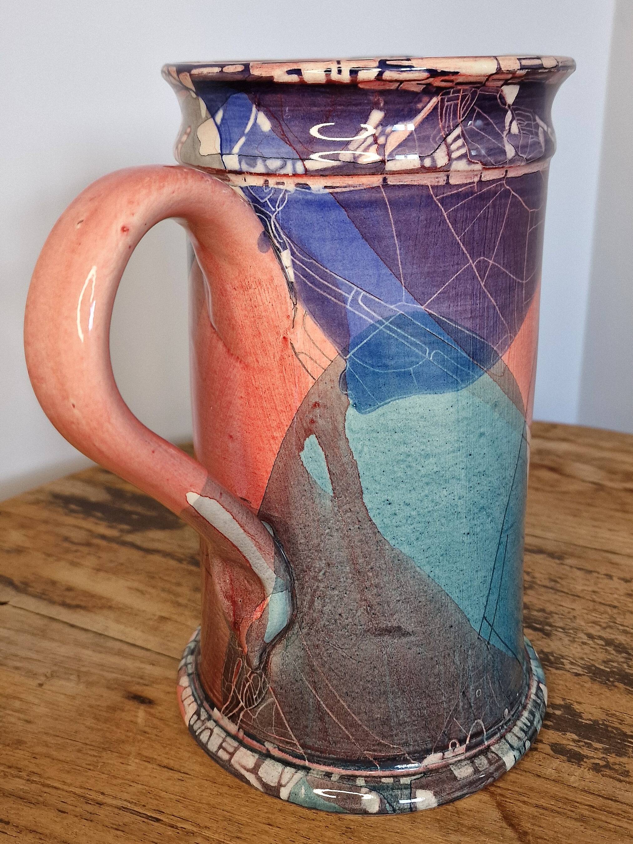 Large sculptural ceramic pitcher by a signed artist – abstract decoration