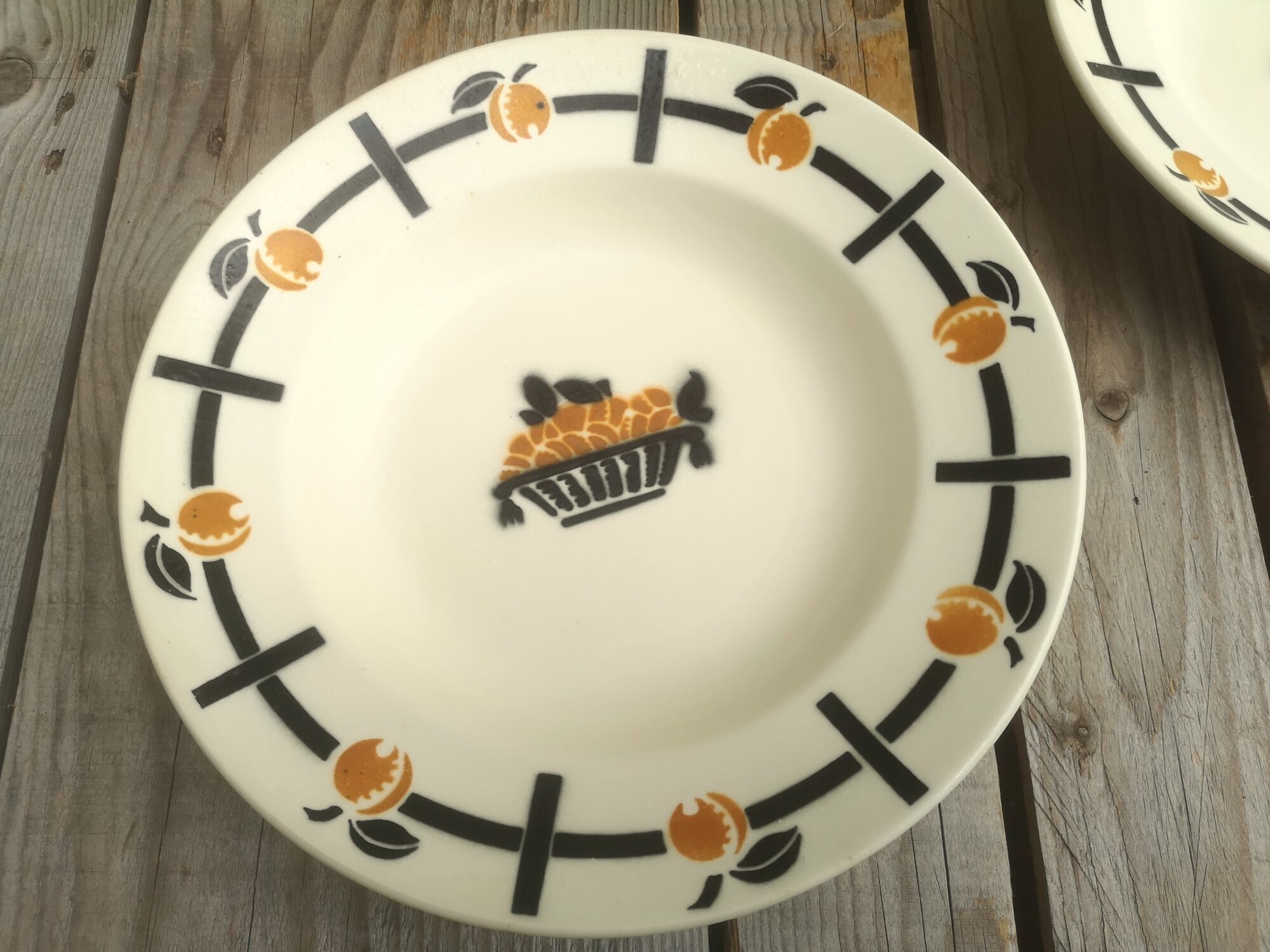 Set of 2 ceramic soup plates décor basket apricots signed Badonviller