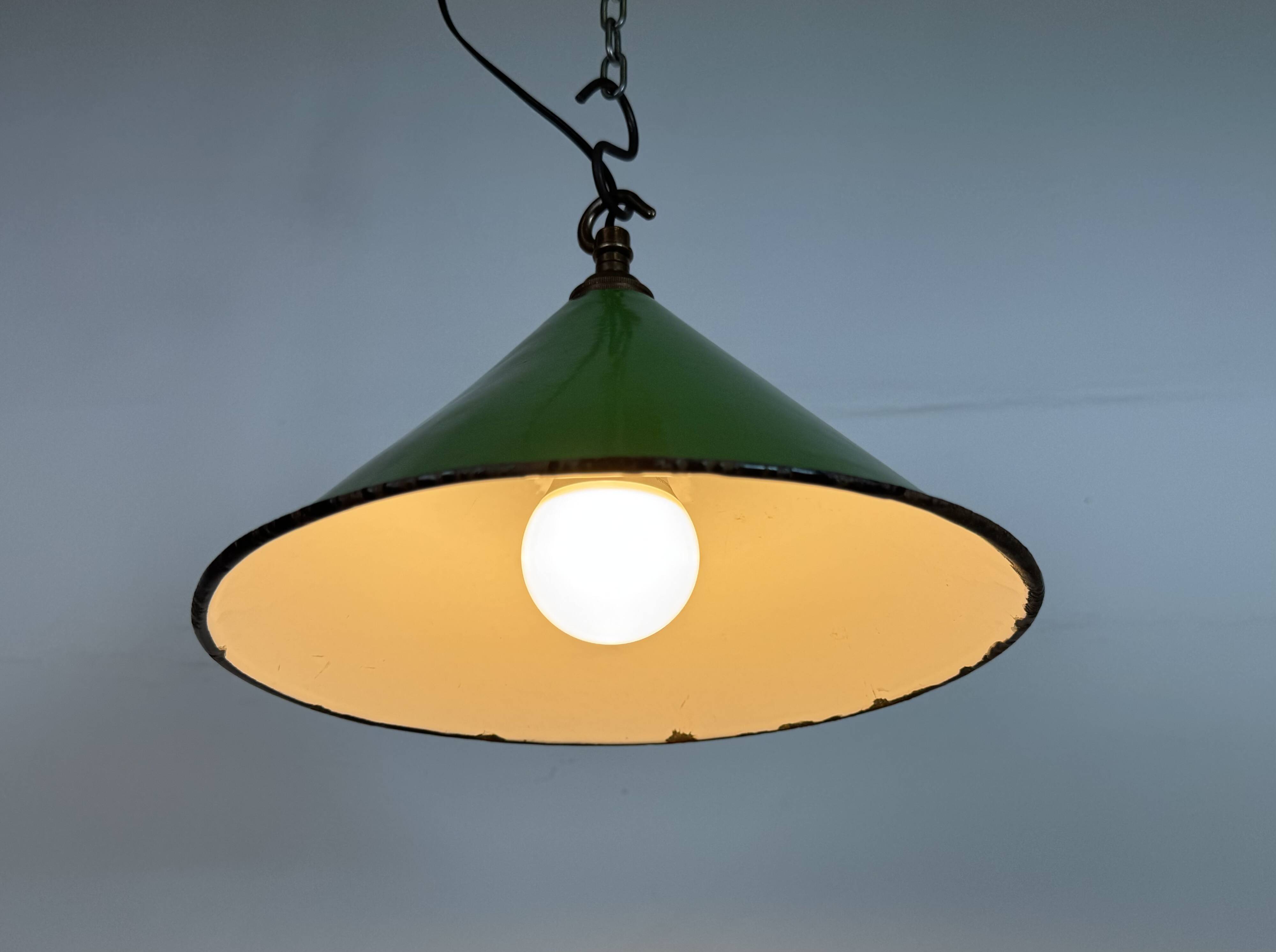 Industrial British Green Enamel Factory Pendant Lamp, 1950s
