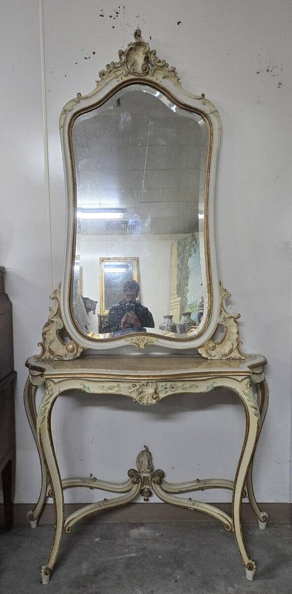Console + grand miroir de style Louis XV en bois laqué et doré