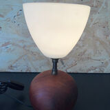 Small model wooden ball lamp with molded glass tulip