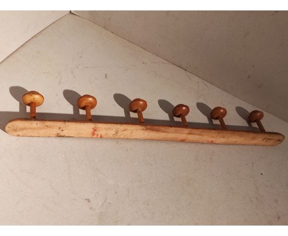 Ancien portemanteau mural art déco 6 patères en bois tourné années 30-40 vintage