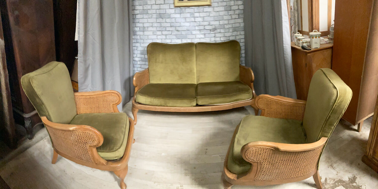 Cane and velvet fabric bench