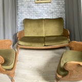 Cane and velvet fabric bench