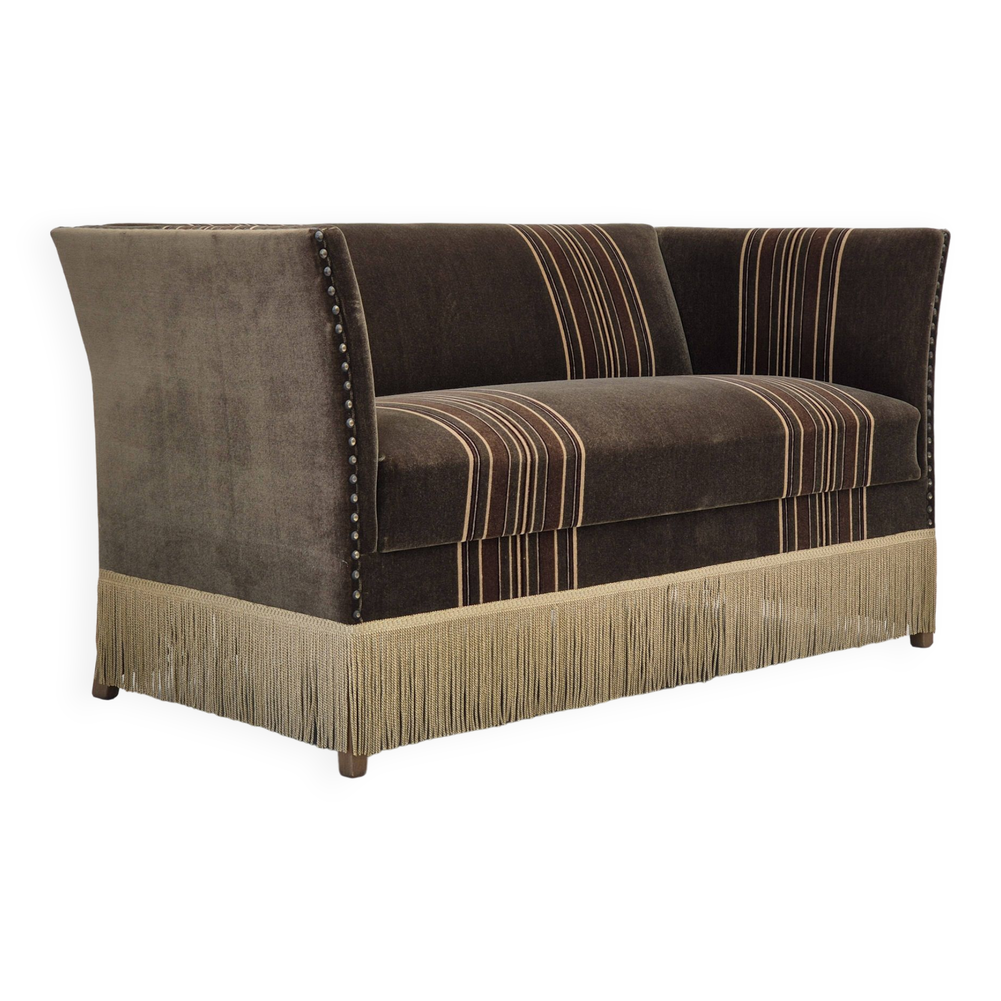 1970s, Danish 2 seater sofa, original condition, green velour, beech wood legs.