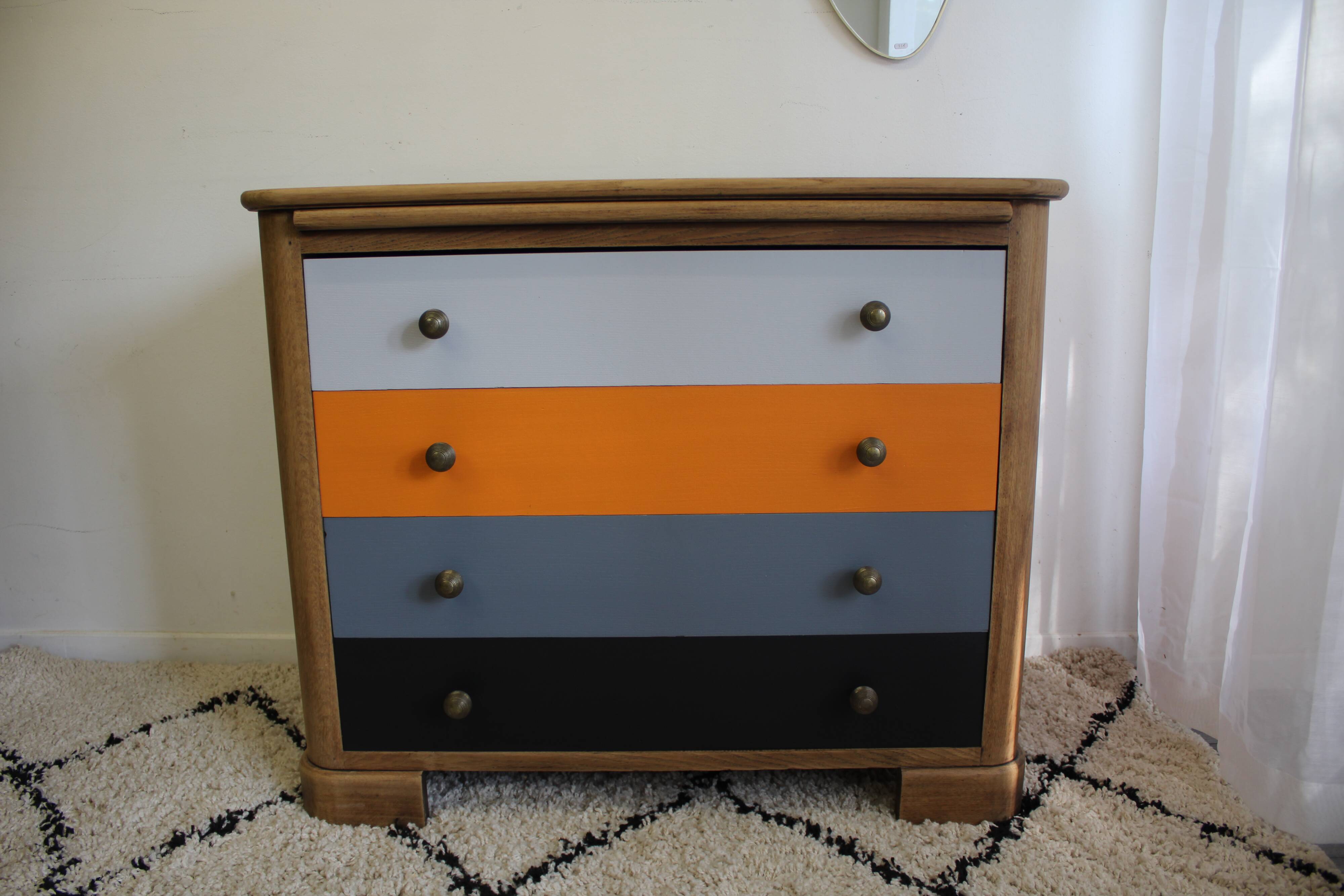 Commode vintage 4 tiroirs bois Grise, orange et bois