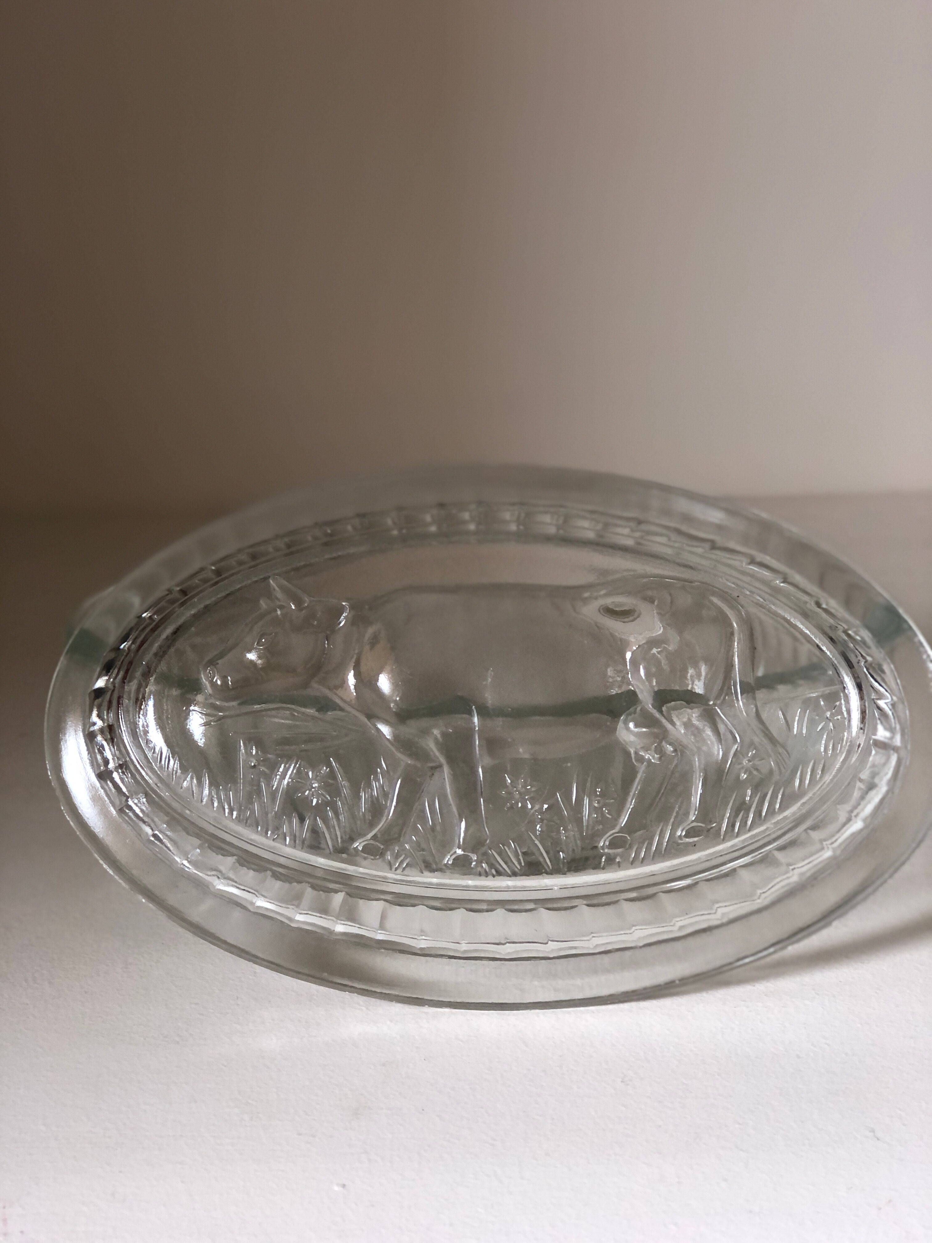 Molded glass table butter tray cow décor