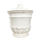 Vintage covered pot in white earthenware molded with lions and friezes