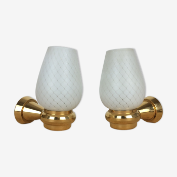Pair of solid brass and white opaline wall lamps