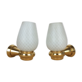 Pair of solid brass and white opaline wall lamps