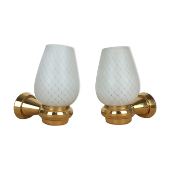 Pair of solid brass and white opaline wall lamps