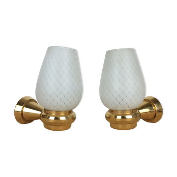 Pair of solid brass and white opaline wall lamps