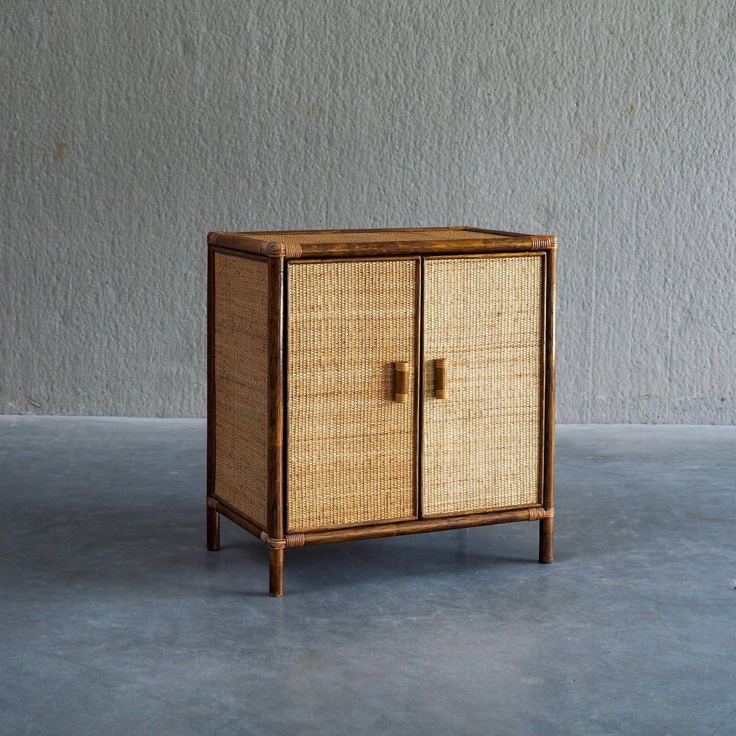 Vintage rattan & woven cane cabinet with 2 doors