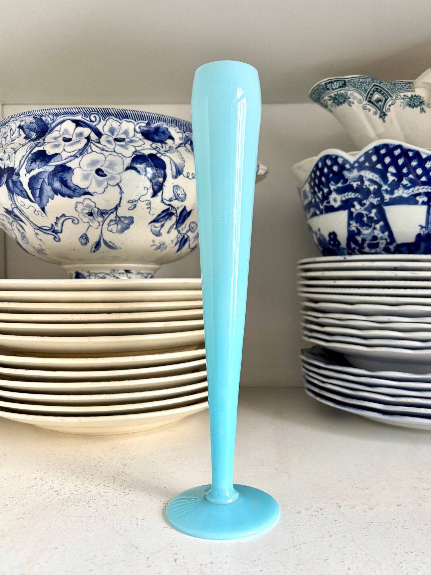 Vase, single flower vase in sky blue opaline