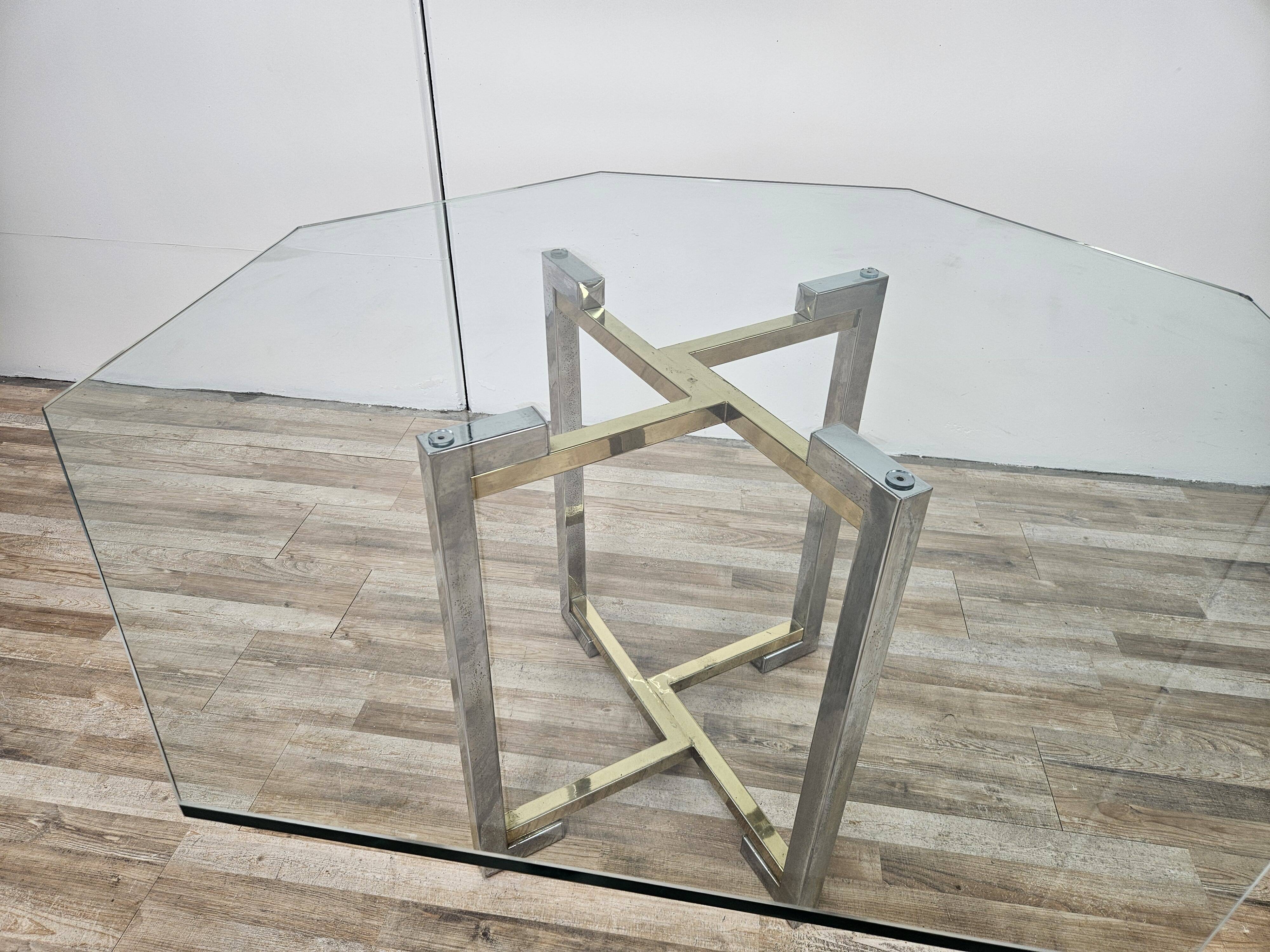 Regency Table in Chromed Metal and Brass with Hexagonal Glass Top