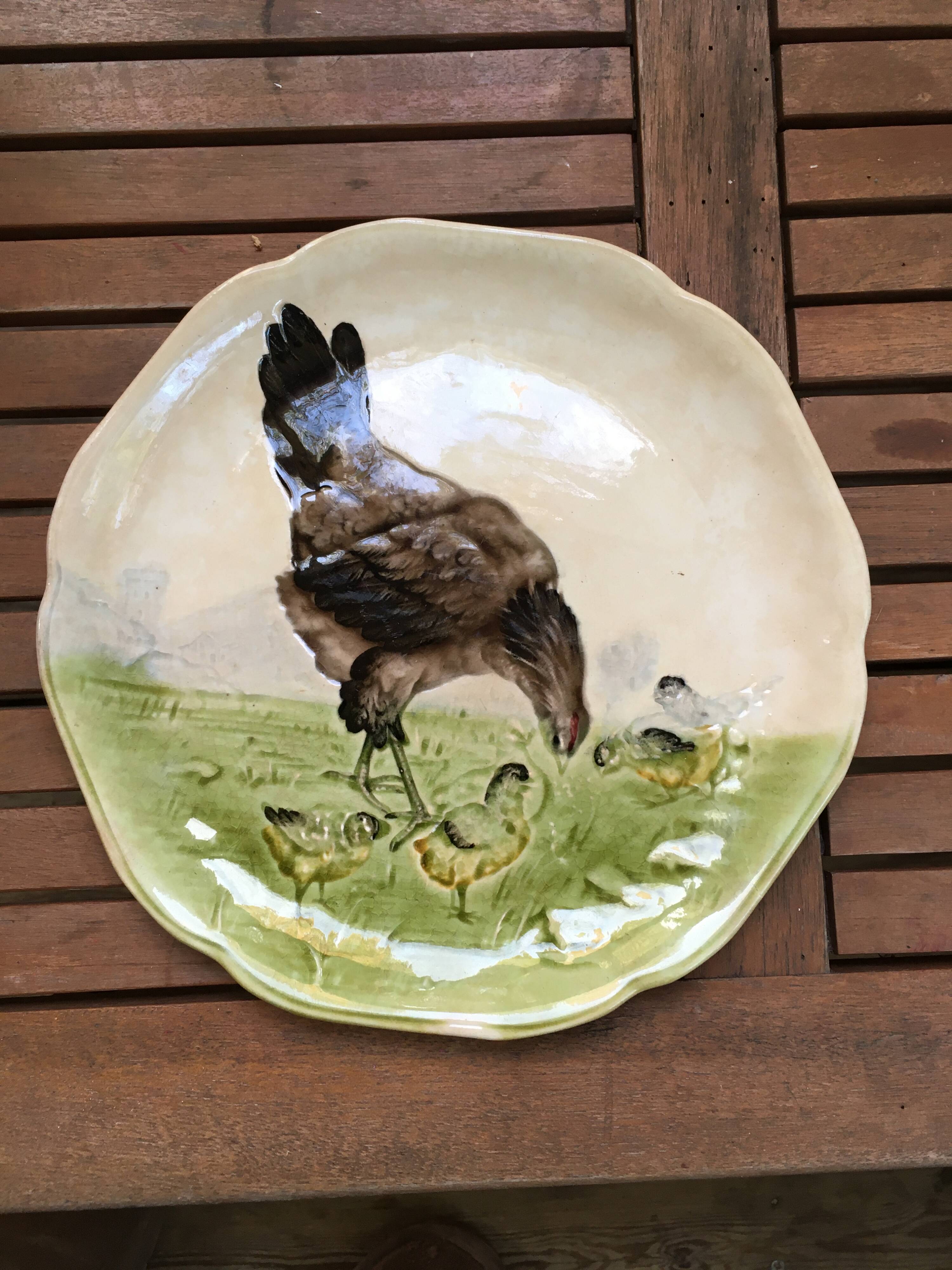 19th century majolica plate Hen and Chicks Choisy Le Roi