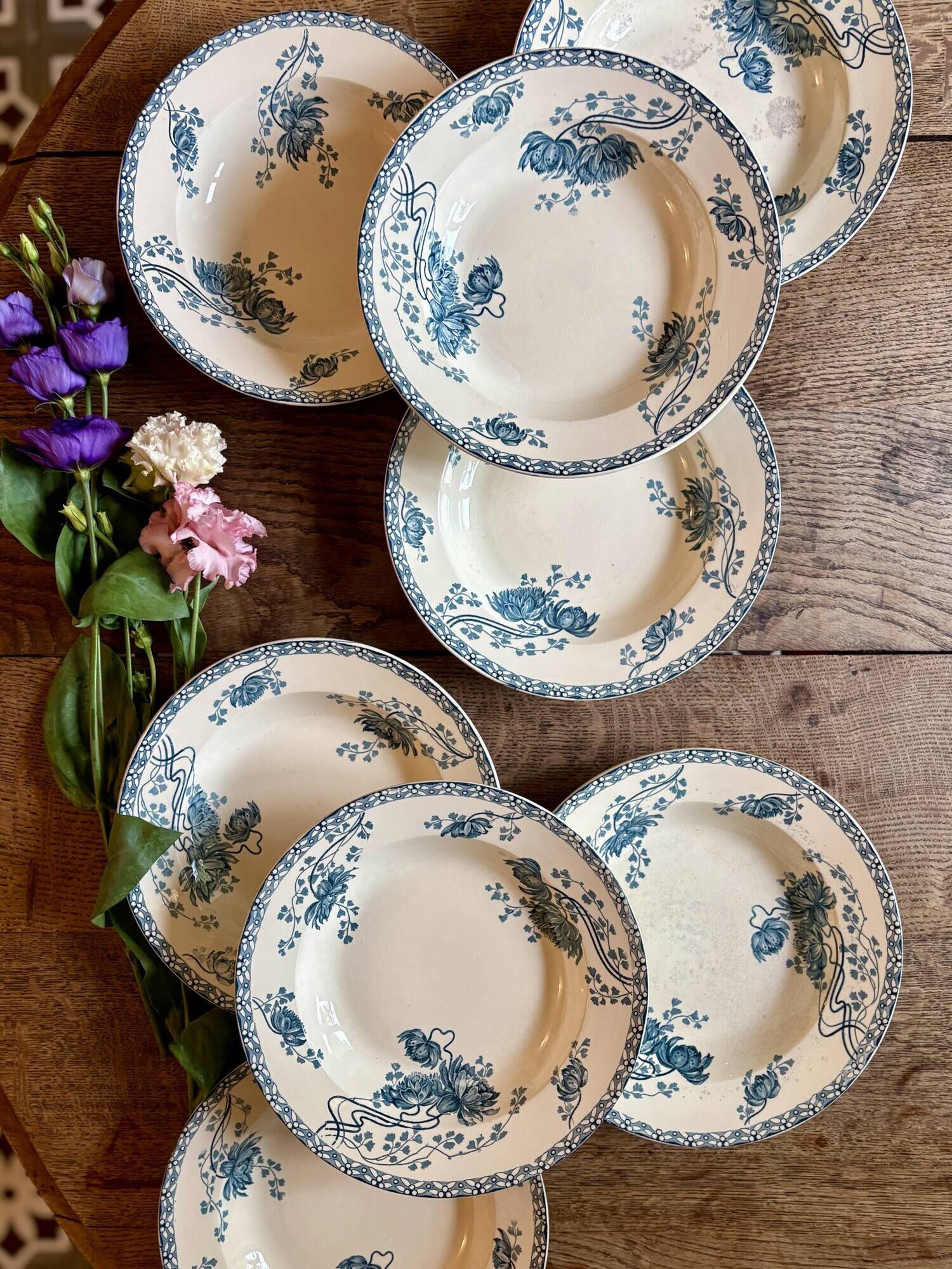 Set of 8 antique deep plates in ironstone, Royat from Sarreguemines.