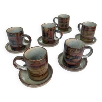 Service à café vintage en grès rustique – 6 tasses + 6 soucoupes