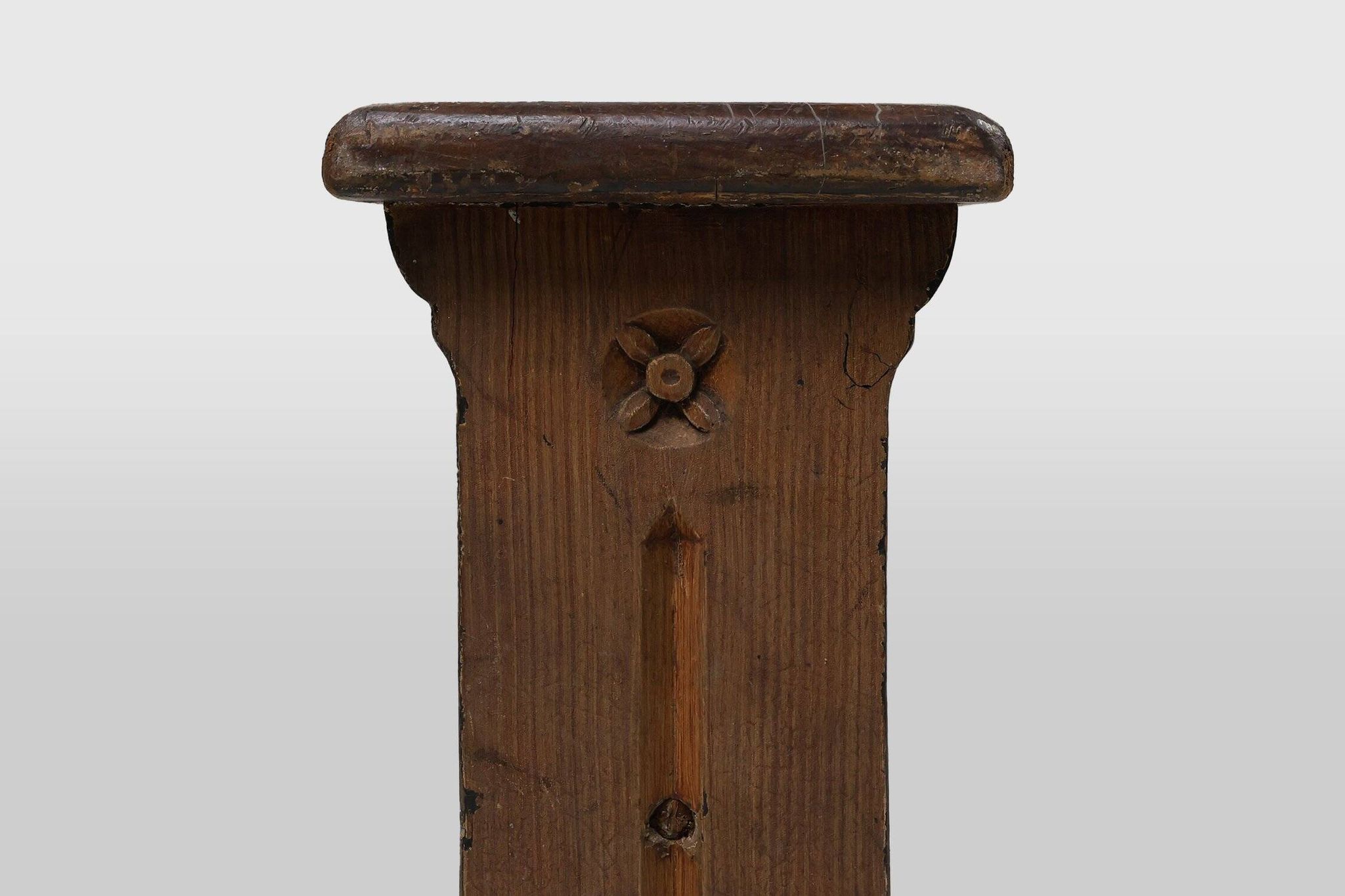 Rustic French Bench in Oak with Carvings and Nice Patina, 1850s