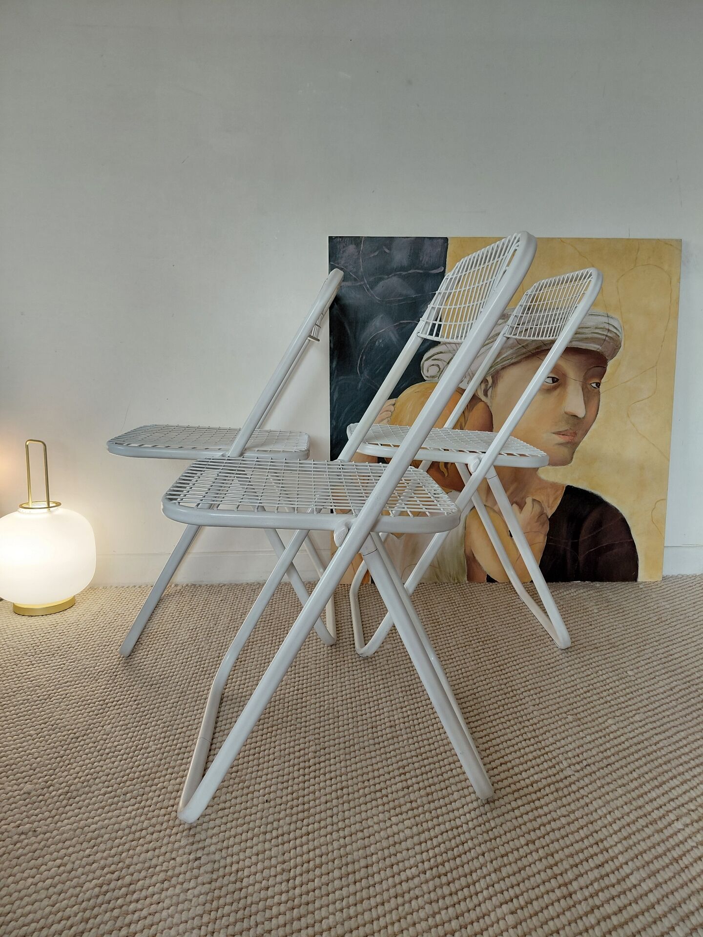 Suite de 3 chaises pliantes Talin en métal blanc, Italie années 70