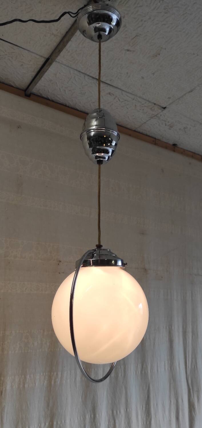 Art Deco suspension in chrome metal and opaline globe - mid 20th century
