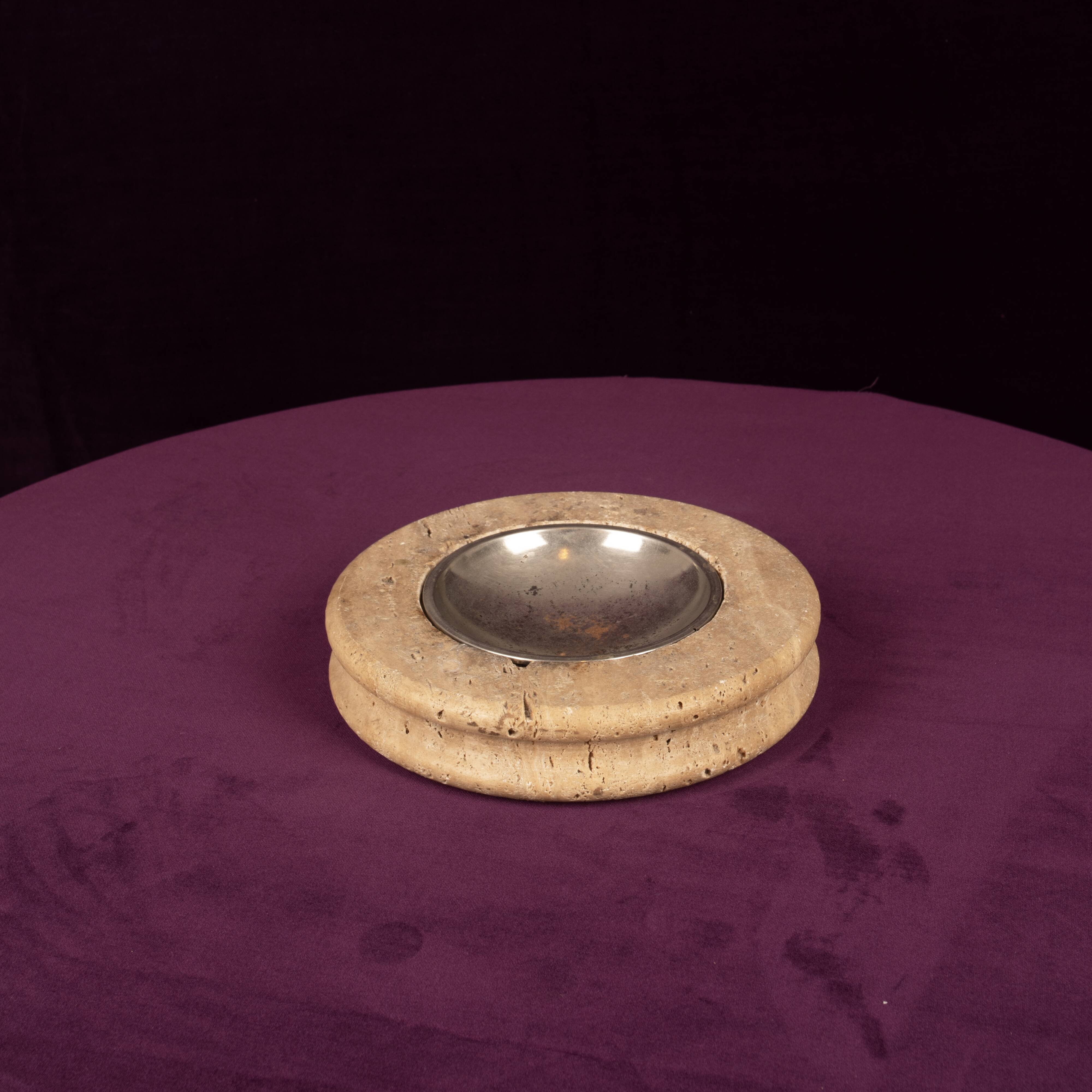 Round Italian Travertine Ashtray with Removable Metal Dish 1970