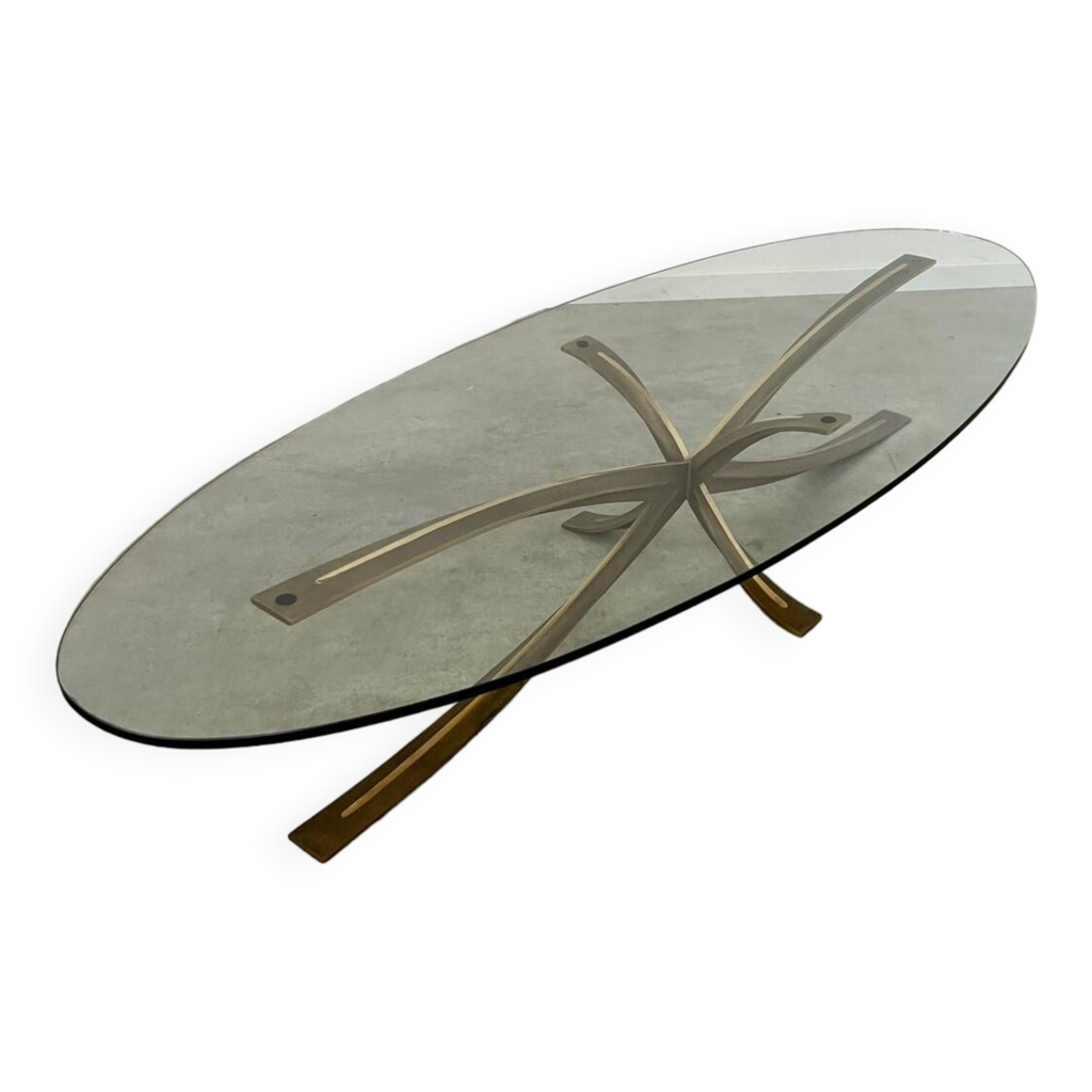 A Oval Glass And Bronze Coffee Table Designed by Michel Mangematin A Oval Glass And Bronze Coffee Table Designed by Michel Mangematin