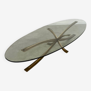 Michel Mangematin France designer coffee table, gilded bronze and oval glass, 1960s