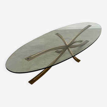 Table basse design Michel Mangematin France bronze doré et verre ovale années 1960