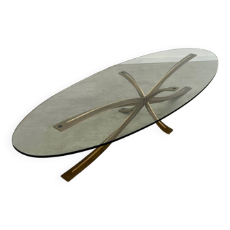 Michel Mangematin France designer coffee table, gilded bronze and oval glass, 1960s