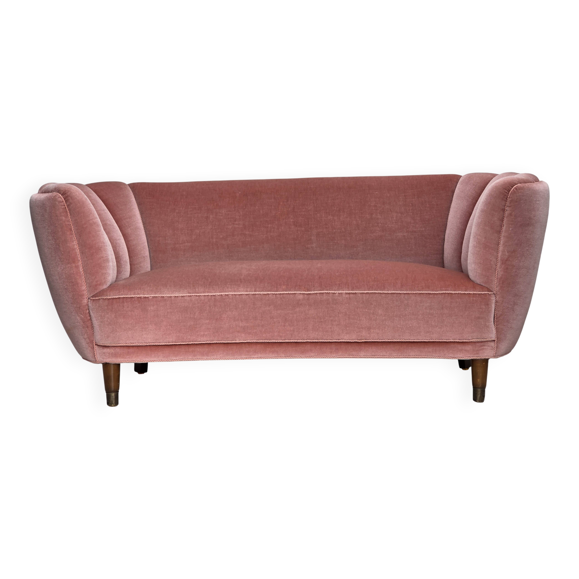 1970s, Danish 2-seater curved sofa, original salmon pink furniture velour.