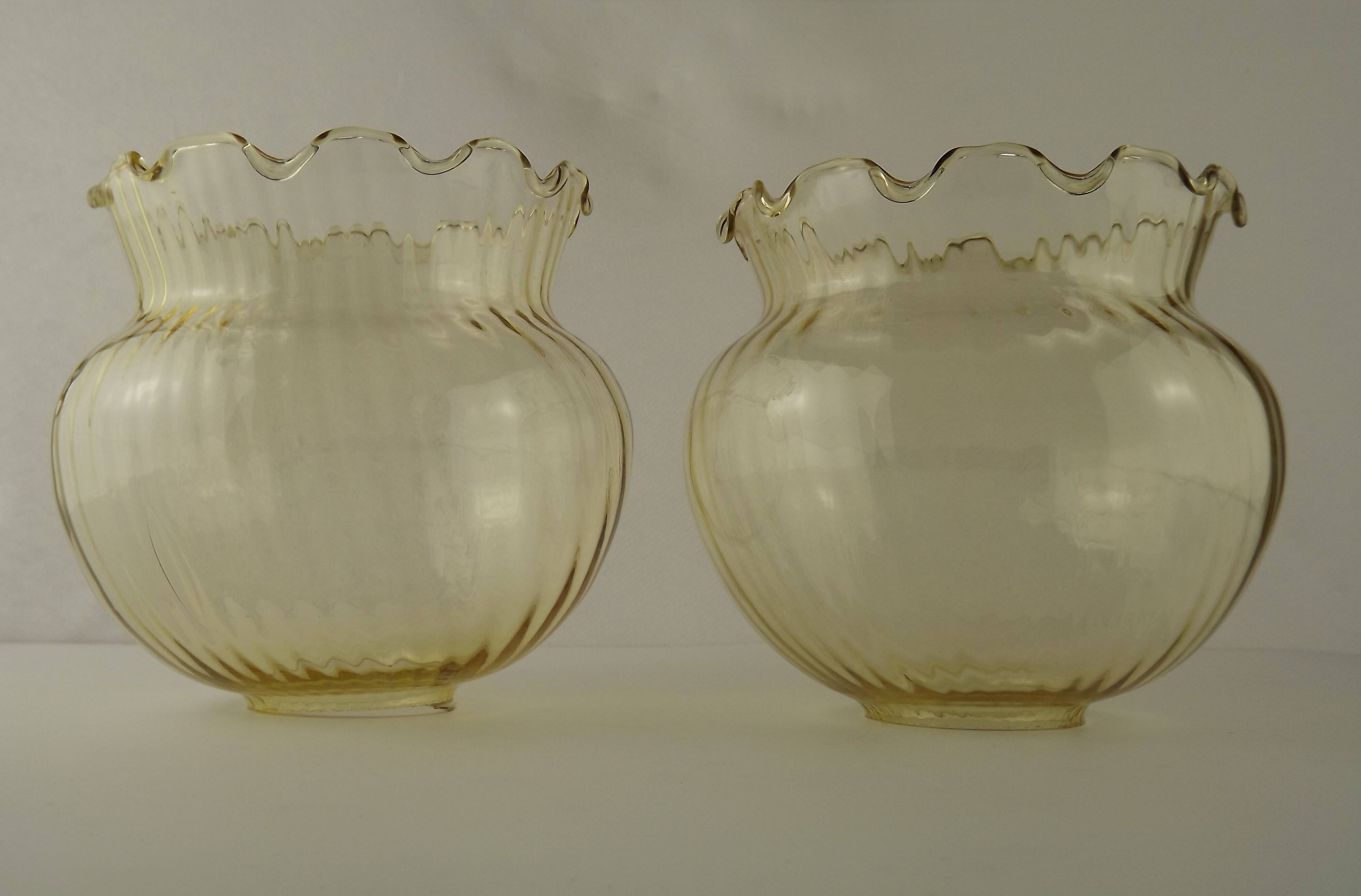 Set of 2 Vintage French Amber Ribbed Effect Glass Shades with Frilled Edge 5595
