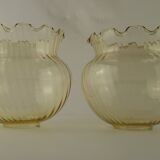 Set of 2 Vintage French Amber Ribbed Effect Glass Shades with Frilled Edge 5595
